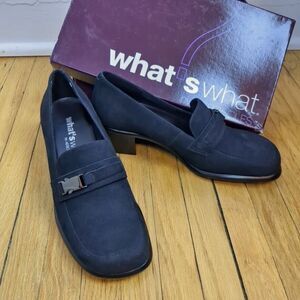 NIB Vintage 90s What's What Black Leather Loafers Heel Buckle Suede Size 6
